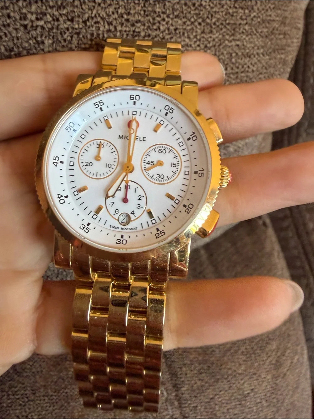 MICHELE Gold-Tone Swiss Chronograph Watch – White Dial – 37mm – 6” Bracelet